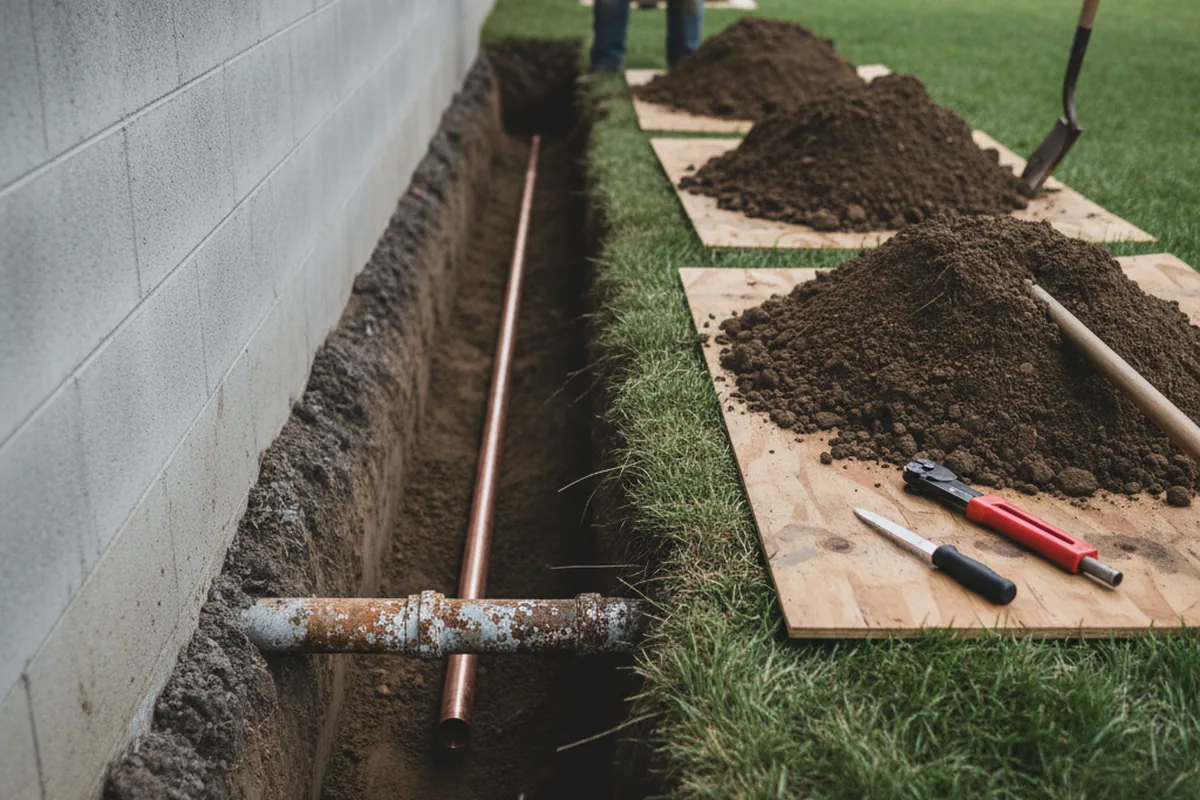 Excavated water line trench during Water Softener Installation in Norwood